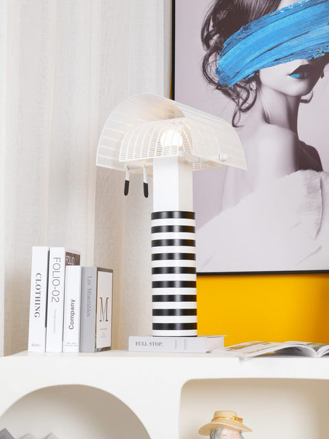 Table Lamp with Striped Column and Sculptural Curved Shade
