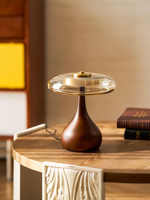 Sienna Table Lamp with Curved Wood Base and Amber Glass