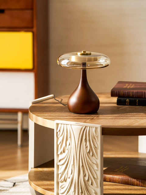 Sienna Table Lamp with Curved Wood Base and Amber Glass