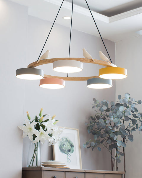Wooden Bird LED Chandelier for Dining Room and Kitchen Lighting