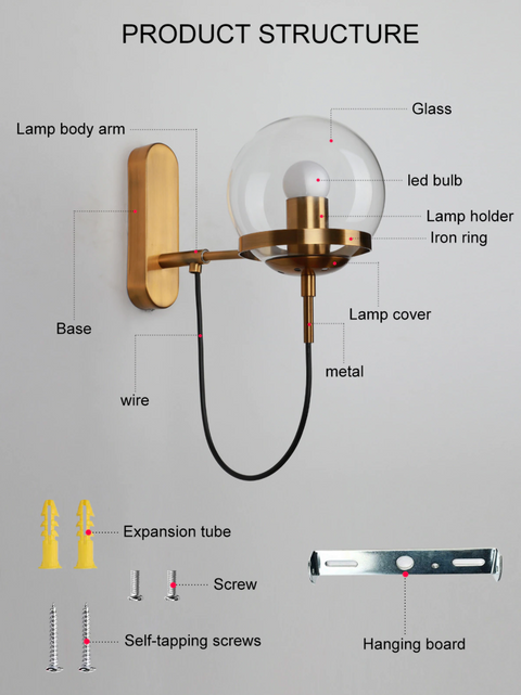 Wall Sconce with Glass Globe Shade, Metal Ring and Looping Cord
