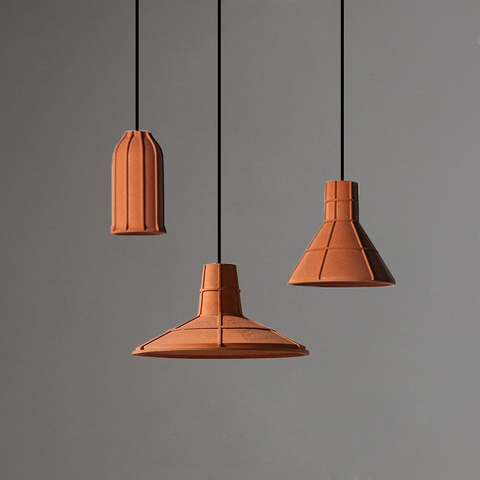 Pendant Light with Cement Shade and Raised Geometric Grid Texture