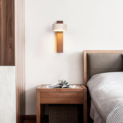 Travertine and Wood Wall Sconce for Bedroom and Hallway Lighting