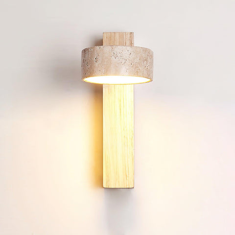 Travertine and Wood Wall Sconce for Bedroom and Hallway Lighting