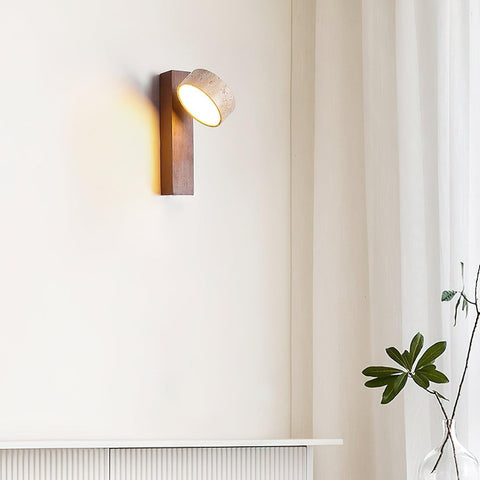 Travertine and Wood Wall Sconce for Bedroom and Hallway Lighting