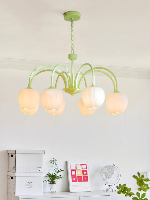 Tulip Matcha Chandelier with Botanical Glass Shades