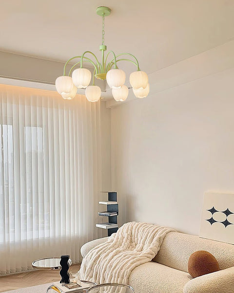 Tulip Matcha Chandelier with Botanical Glass Shades