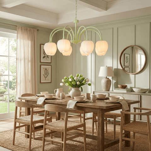 Tulip Matcha Chandelier with Botanical Glass Shades