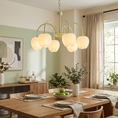 Tulip Matcha Chandelier with Botanical Glass Shades