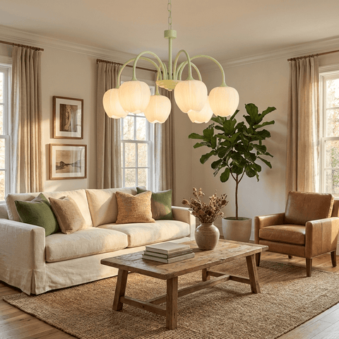 Tulip Matcha Chandelier with Botanical Glass Shades