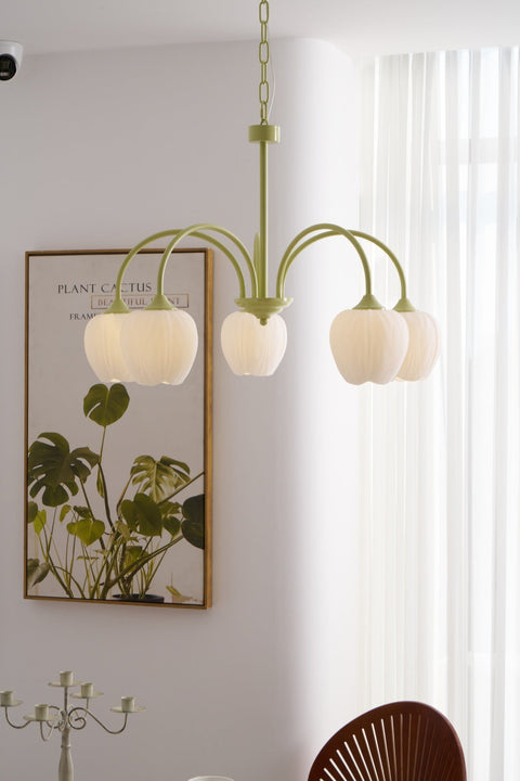 Tulip Matcha Chandelier with Botanical Glass Shades