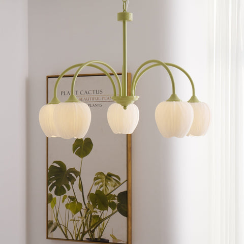 Tulip Matcha Chandelier with Botanical Glass Shades