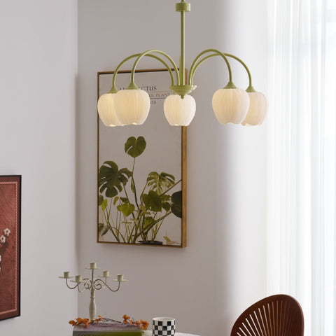Tulip Matcha Chandelier with Botanical Glass Shades