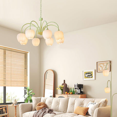 Tulip Matcha Chandelier with Botanical Glass Shades