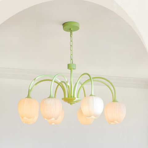 Tulip Matcha Chandelier with Botanical Glass Shades