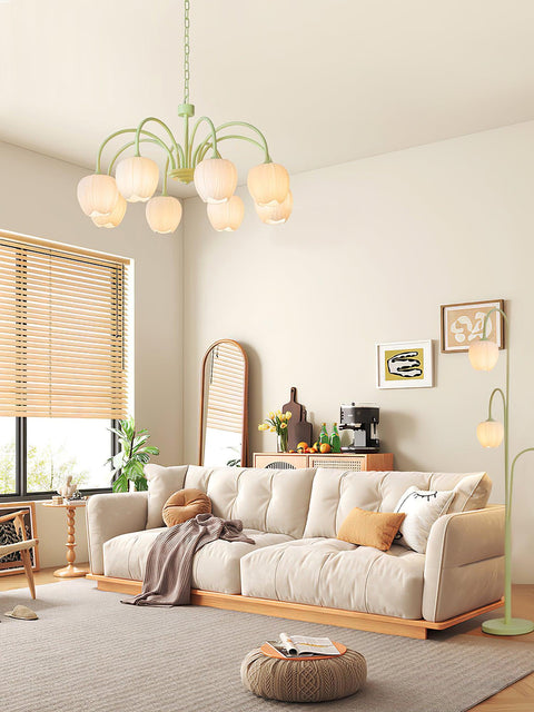 Tulip Matcha Chandelier with Botanical Glass Shades