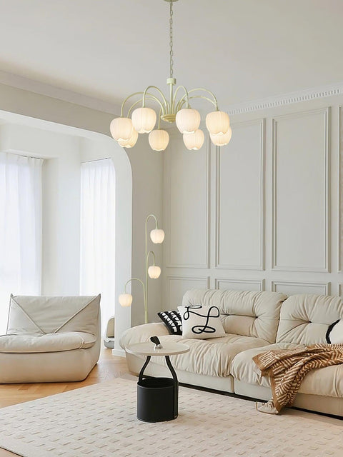 Tulip Matcha Chandelier with Botanical Glass Shades