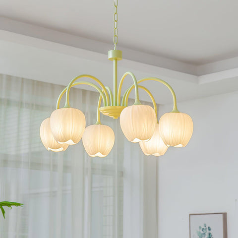 Tulip Matcha Chandelier with Botanical Glass Shades