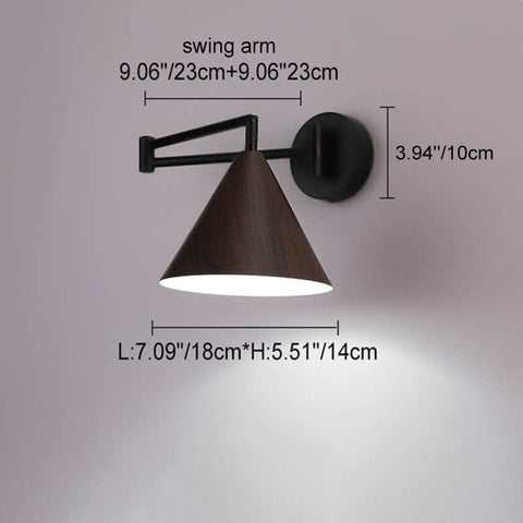 Swing Arm Wall Sconce with Wood-Grain Cone Shade for Bedrooms
