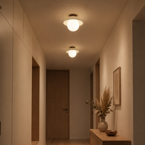 Ribbed Glass and Iron Flush-Mount Ceiling Light for Indoor Use