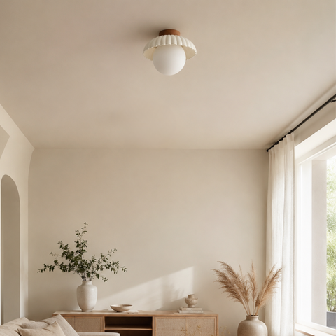 Ribbed Glass and Iron Flush-Mount Ceiling Light for Indoor Use