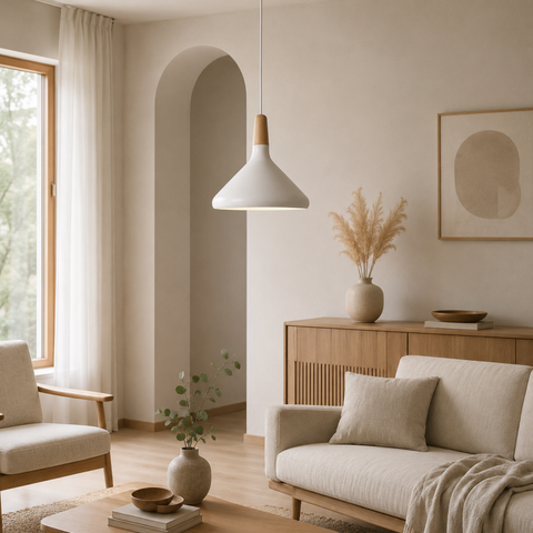Wood-Accent Aluminum Pendant Light with Three Sizes for Indoor Use