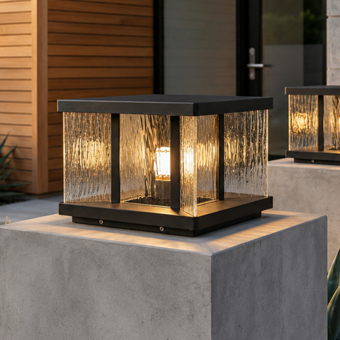 Pillar Light with Textured Glass Panels and Square Metal Frame