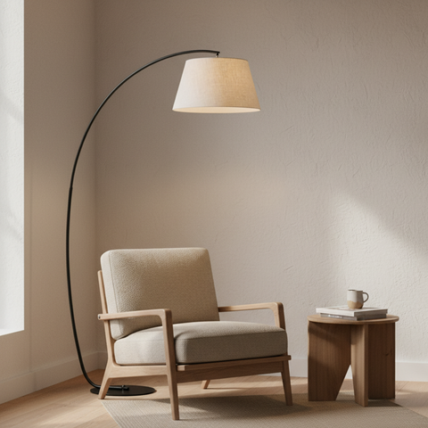Arc Floor Lamp with Fabric Shade and Curved Metal Stem