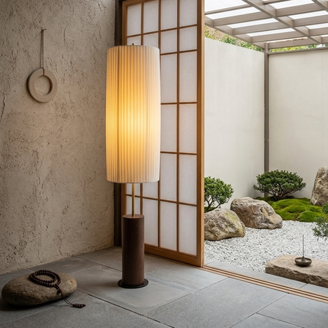 Floor Lamp with Pleated Cylinder Shade and Wood Column Base