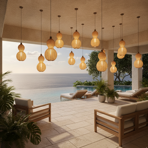 Outdoor Pendant Light with Woven Synthetic Vine Shade