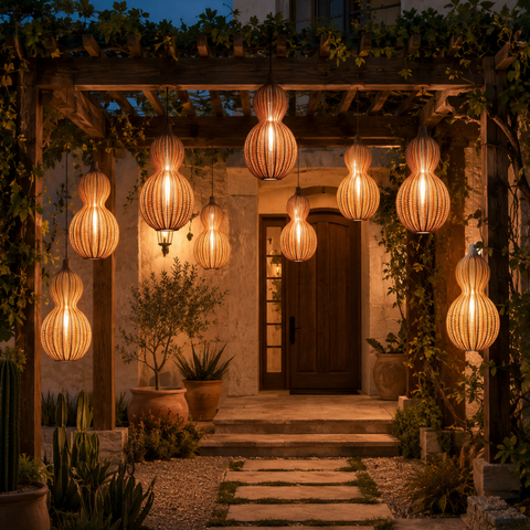 Outdoor Pendant Light with Woven Synthetic Vine Shade