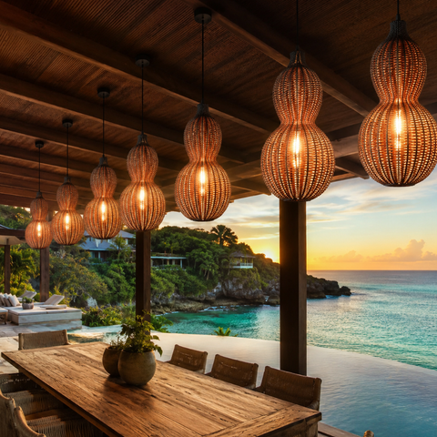 Outdoor Pendant Light with Woven Synthetic Vine Shade