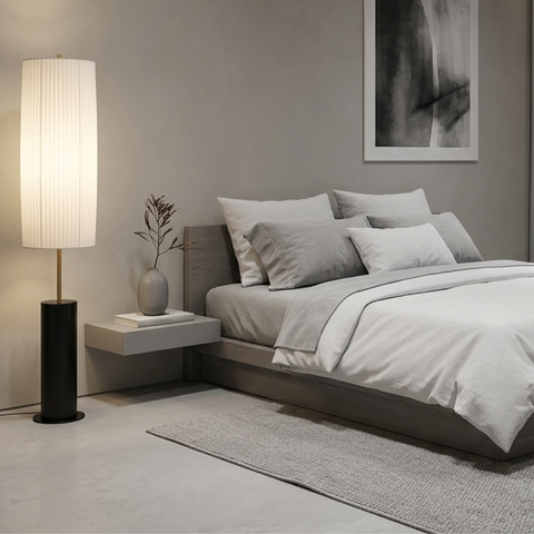Floor Lamp with Pleated Cylinder Shade and Wood Column Base
