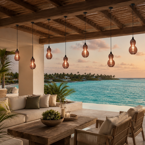 Outdoor Pendant Light with Woven Synthetic Vine Shade