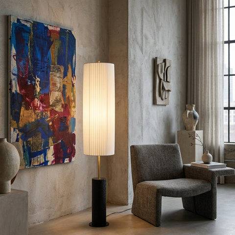 Floor Lamp with Pleated Cylinder Shade and Wood Column Base