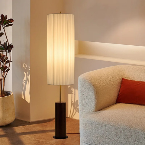 Floor Lamp with Pleated Cylinder Shade and Wood Column Base