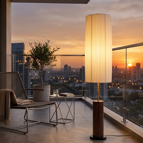 Floor Lamp with Pleated Cylinder Shade and Wood Column Base