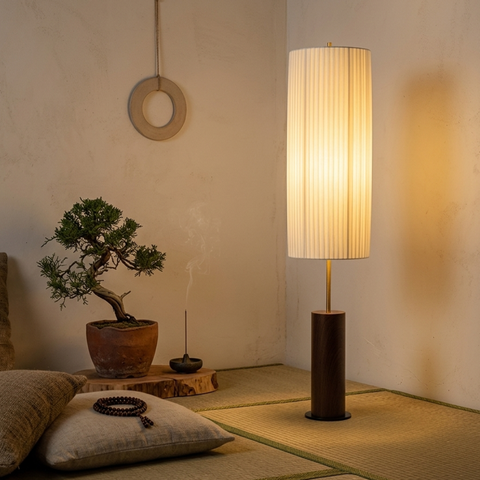 Floor Lamp with Pleated Cylinder Shade and Wood Column Base