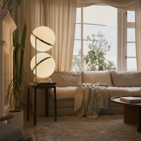 Floor Lamp with Globe Shade and Open Metal Frame
