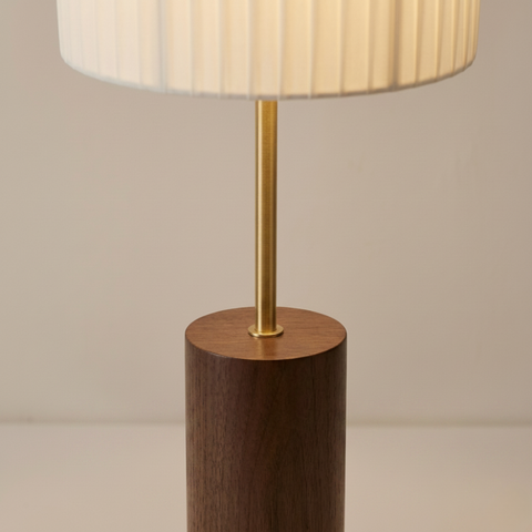 Floor Lamp with Pleated Cylinder Shade and Wood Column Base