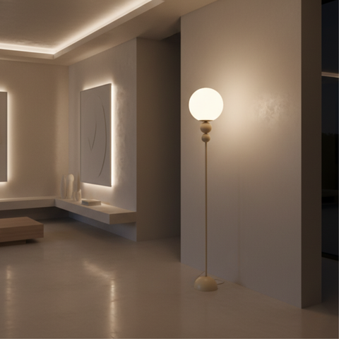 Floor Lamp with Globe Diffuser and Stacked Sphere Details