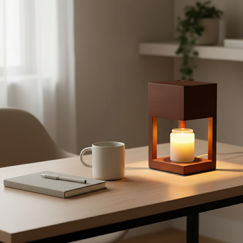 Candle Warmer Lamp with Open Wood Frame and Adjustable Brightness