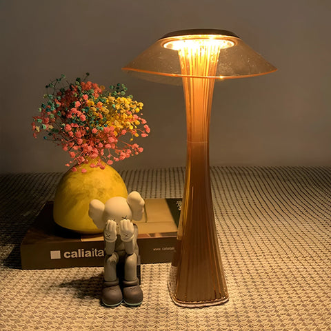 Modern Rechargeable LED Table Lamp with Ribbed Base, Transparent Shade and Touch Control