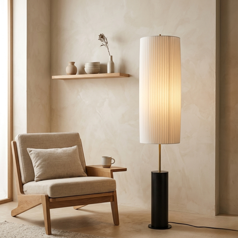 Floor Lamp with Pleated Cylinder Shade and Wood Column Base