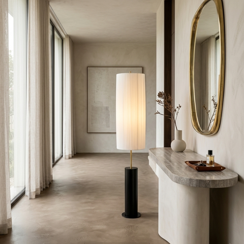 Floor Lamp with Pleated Cylinder Shade and Wood Column Base