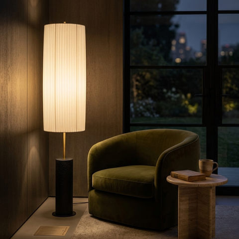 Floor Lamp with Pleated Cylinder Shade and Wood Column Base