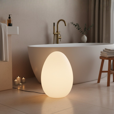 Floor Lamp with Sculptural Egg Shape and Three LED Light Colors