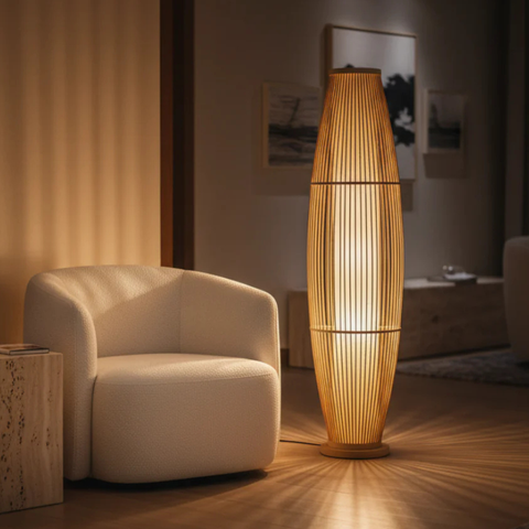 Table and Floor Lamp with Bamboo Slat Shade and Warm LED Light
