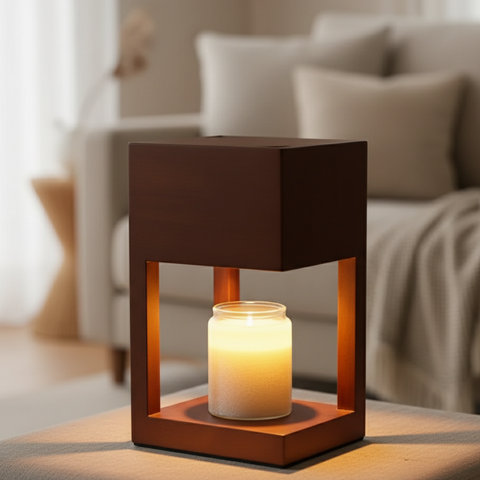 Candle Warmer Lamp with Open Wood Frame and Adjustable Brightness