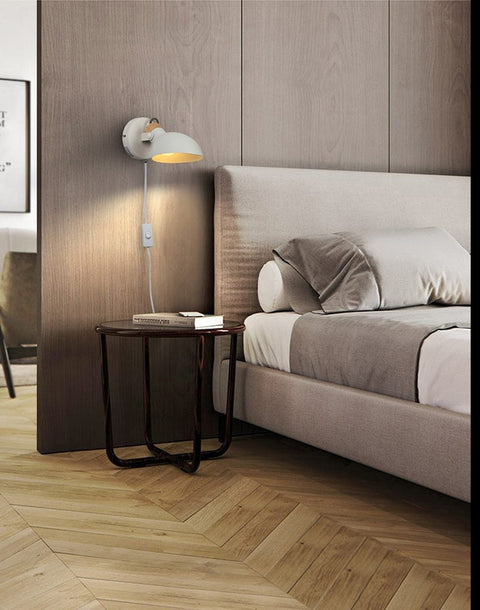 Plug-In Reading Wall Lamp with Rotating Metal Shade and Wood Accents